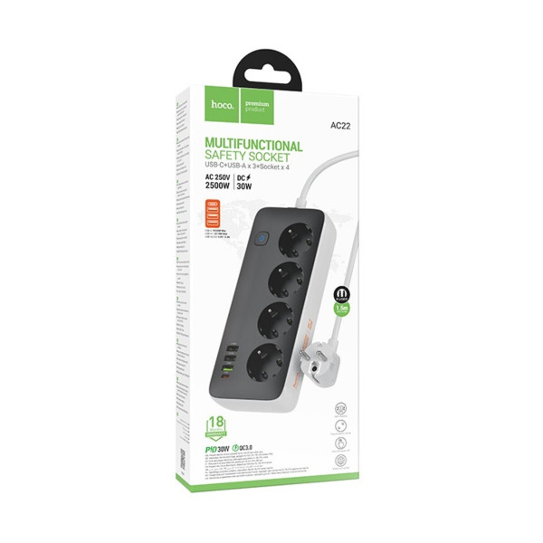 Мережевий подовжувач HOCO AC22 Sunlight 4-bit(PD30W/1C3A) desktop socket(EU/GER) Чорний