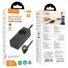 Мережевий подовжувач HOCO NS9 Wisdom 1-position (PD67W/3C1A) desktop socket (EU/GER) Чорний