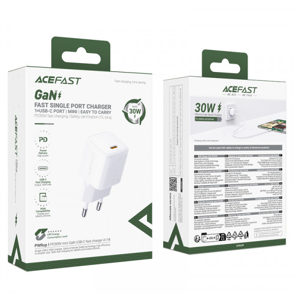 Мережевий зарядний пристрій ACEFAST A118 PD30W mini GaN USB-C fast charger (6974316285366)