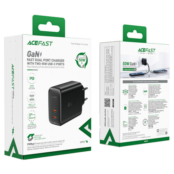 Мережевий зарядний пристрій ACEFAST A29 PD50W GaN (USB-C+USB-C) dual port charger Чорний