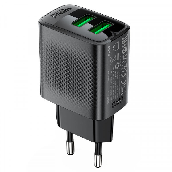 Мережевий зарядний пристрій ACEFAST A86 12W (USB-A+USB-A) dual port charger Black (6974316283270)