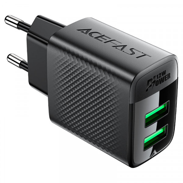 Мережевий зарядний пристрій ACEFAST A86 12W (USB-A+USB-A) dual port charger Black (6974316283270)