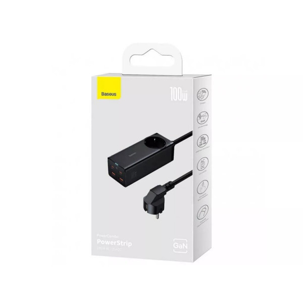 Мережевий зарядний пристрій Baseus GaN3 Pro Desktop Powerstrip AC+2U+2C 100W EU Чорний (With Mini Білий Cable Type-C to Type-C 100W(20V/5A) 1m Чорний）
