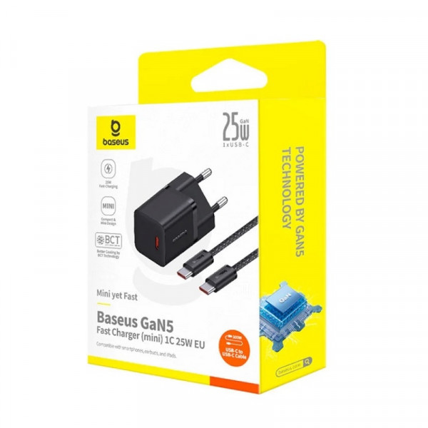 Мережевий зарядний пристрій Baseus GaN5 Fast Charger (mini) 1C 25W EU Cluster Black (with: Baseus Dynamic 3 Series Fast Charging Data Cable Type-C t