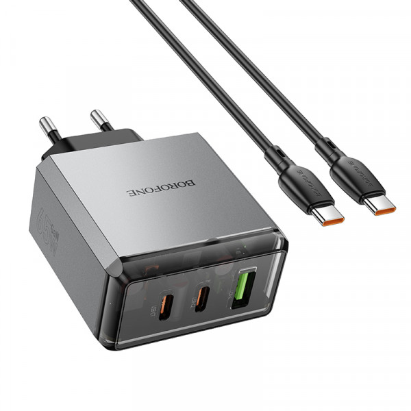 Мережевий зарядний пристрій BOROFONE BN22 Lena PD65W (2C1A) charger set (C to C(EU) Metal Gray