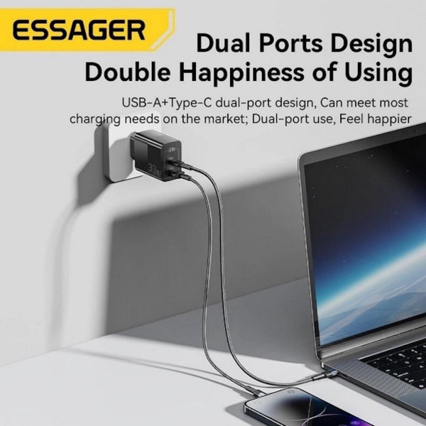 Мережевий зарядний пристрій ESSAGER ECT33W Gan 1USB 1T-C 33W black