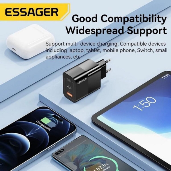 Мережевий зарядний пристрій ESSAGER ECT33W Gan 1USB 1T-C 33W black