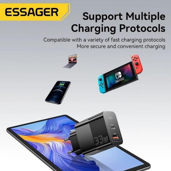 Мережевий зарядний пристрій ESSAGER ECT33W Gan 1USB 1T-C 33W black