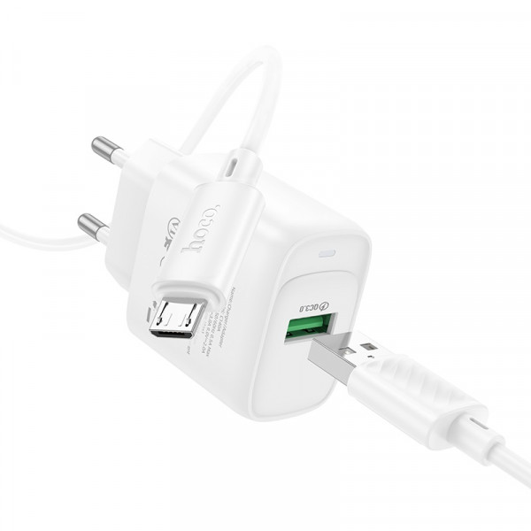 Мережевий зарядний пристрій HOCO C140A Smart single port QC3.0 charger set (Micro)(EU) White (6942007627818)