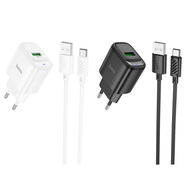 Мережевий зарядний пристрій HOCO C140A Smart single port QC3.0 charger set(Type-C)(EU) Black
