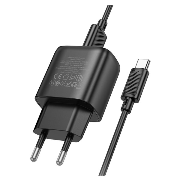 Мережевий зарядний пристрій HOCO C140A Smart single port QC3.0 charger set(Type-C)(EU) Black
