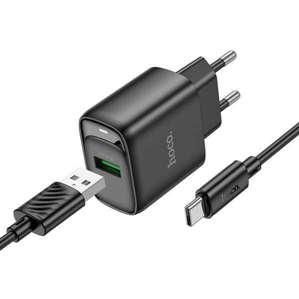 Мережевий зарядний пристрій HOCO C140A Smart single port QC3.0 charger set(Type-C)(EU) Black