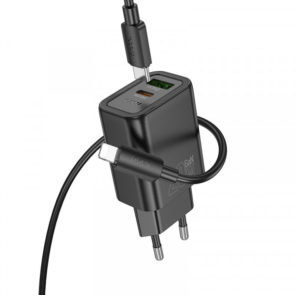 Мережевий зарядний пристрій HOCO N61 Gentle PD20W+QC3.0 charger set(C to iP) Black (6942007644259)