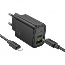 Мережевий зарядний пристрій HOCO N61 Gentle PD20W+QC3.0 charger set(C to iP) Black (6942007644259)