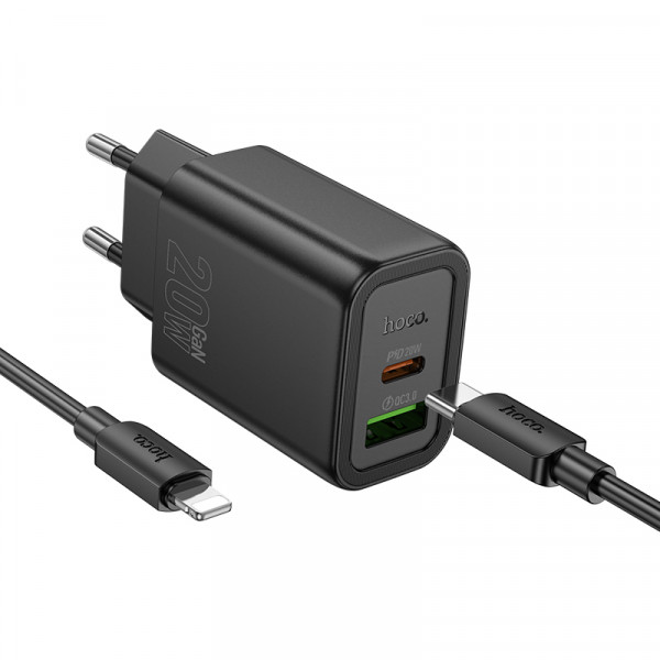Мережевий зарядний пристрій HOCO N61 Gentle PD20W+QC3.0 charger set(C to iP) Black (6942007644259)