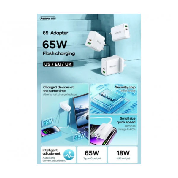 Мережевий зарядний пристрій REMAX Kiddy Series 65W A+C Fast Charger RP-U125 EU-White (6954851209454)