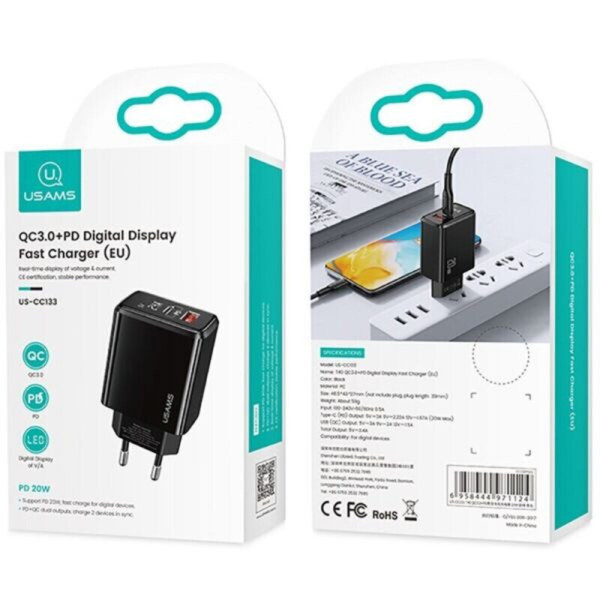 Мережевий зарядний пристрій Usams US-CC133 T40 18W QC3.0+PD Digital Display Fast Charger (EU) Black