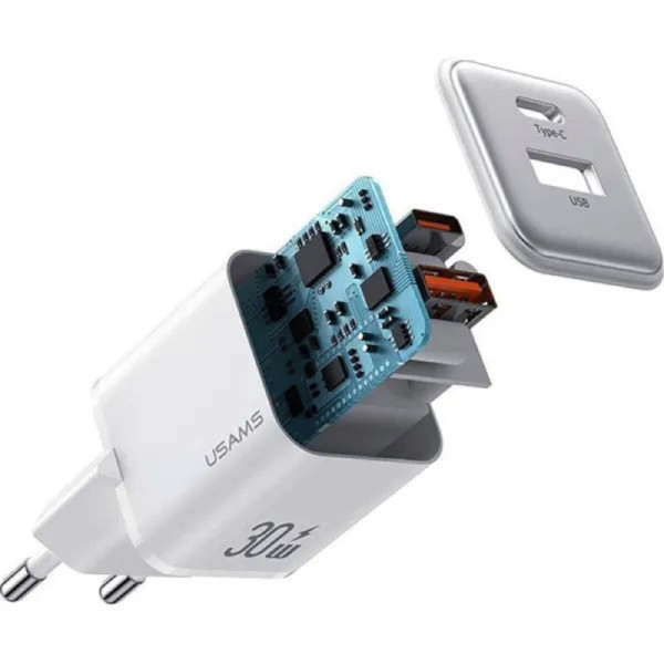 Мережевий зарядний пристрій Usams US-CC189 PD30W+QC3.0 A+C Dual-port Fast Charger (EU)-X-ron Series White