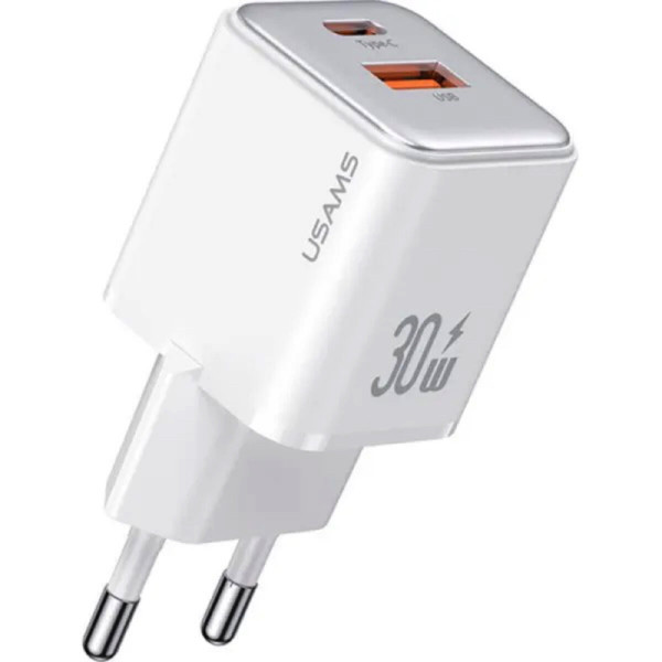 Мережевий зарядний пристрій Usams US-CC189 PD30W+QC3.0 A+C Dual-port Fast Charger (EU)-X-ron Series White