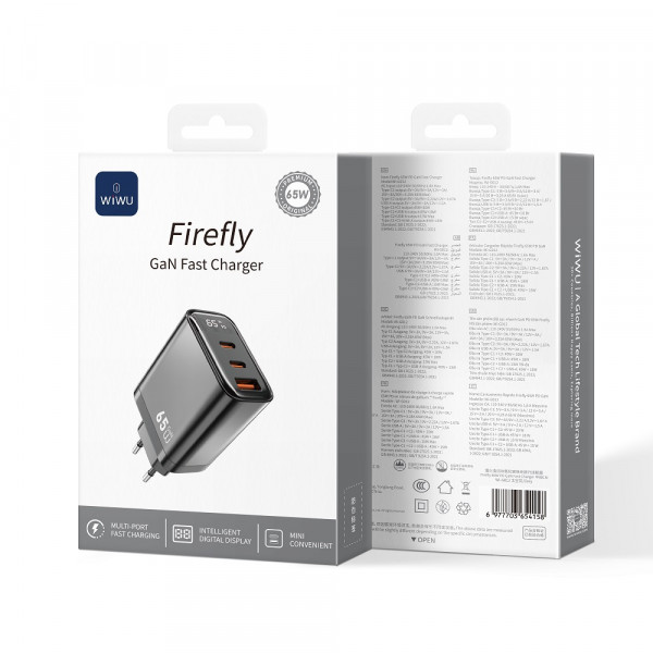 Мережевий зарядний пристрій WIWU 65W Firefly GaN Fast Charger 2C+1A Wi-G012 EU Grey (6977703654134)