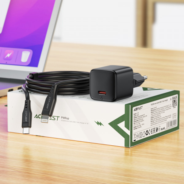 Мережевий зарядний пристрій з кабелем ACEFAST A118 PD30W mini GaN USB-C fast charger set (P16) Black (6974316285182)