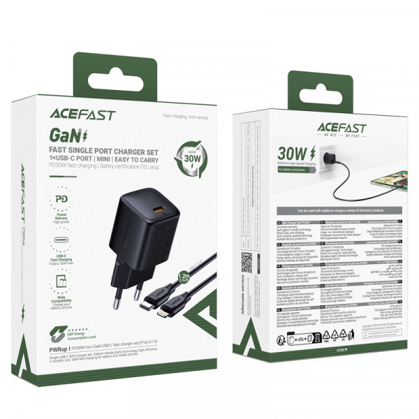 Мережевий зарядний пристрій з кабелем ACEFAST A118 PD30W mini GaN USB-C fast charger set (P16) Black (6974316285182)