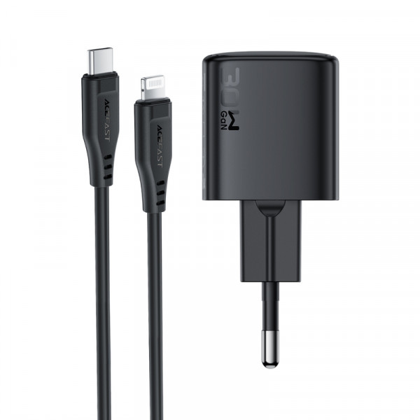 Мережевий зарядний пристрій з кабелем ACEFAST A118 PD30W mini GaN USB-C fast charger set (P16) Black (6974316285182)