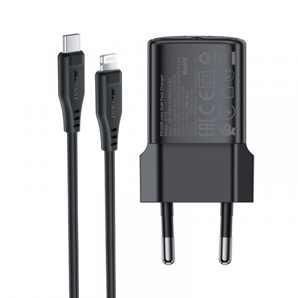 Мережевий зарядний пристрій з кабелем ACEFAST A118 PD30W mini GaN USB-C fast charger set (P16) Black (6974316285182)