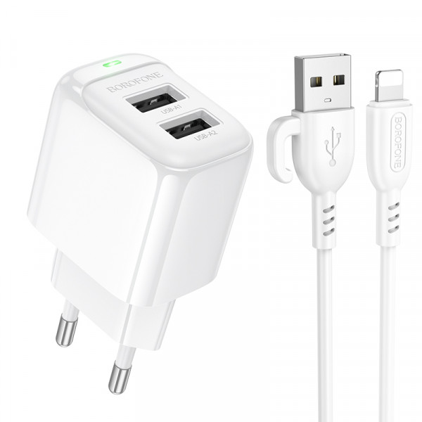 Мережевий зарядний пристрій з кабелем BOROFONE BAS41A Potential dual-port charger set(iP) White (6941991113758)