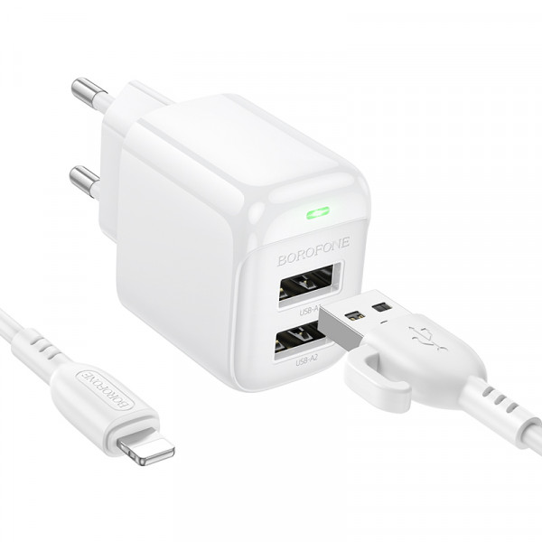 Мережевий зарядний пристрій з кабелем BOROFONE BAS41A Potential dual-port charger set(iP) White (6941991113758)