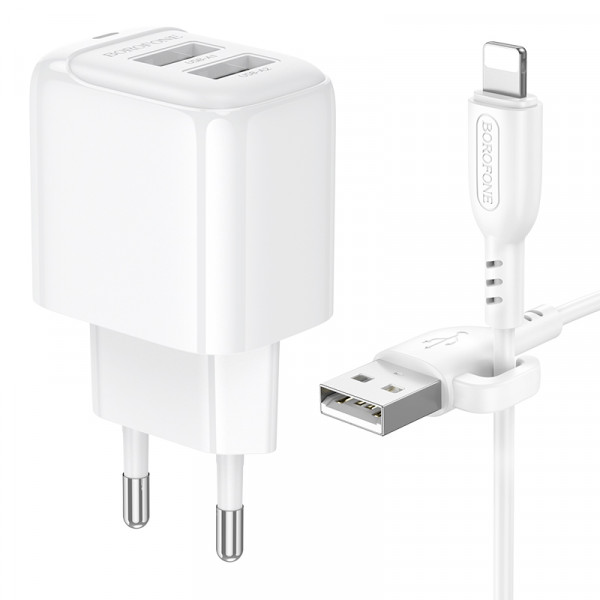 Мережевий зарядний пристрій з кабелем BOROFONE BAS41A Potential dual-port charger set(iP) White (6941991113758)