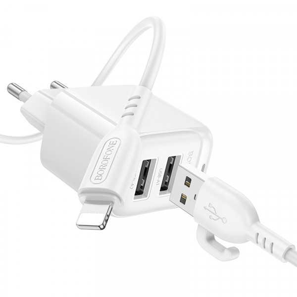 Мережевий зарядний пристрій з кабелем BOROFONE BAS41A Potential dual-port charger set(iP) White (6941991113758)