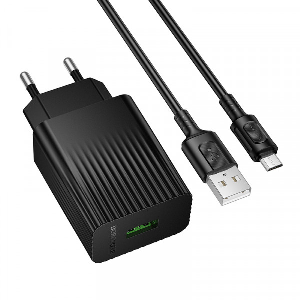 Мережевий зарядний пристрій з кабелем BOROFONE BAS72A Source single port QC3.0 charger set(Micro) Black (6941991122651)