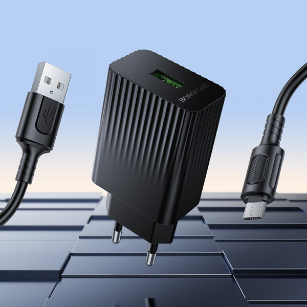 Мережевий зарядний пристрій з кабелем BOROFONE BAS72A Source single port QC3.0 charger set(Micro) Black (6941991122651)