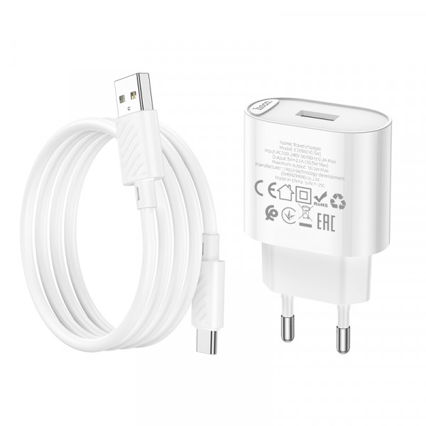 Мережевий зарядний пристрій з кабелем HOCO C109A(10.5W) Fighter single port charger set(Type-C) White (6942007656610)