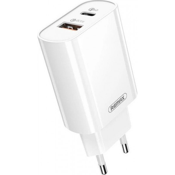 Мережевий зарядний пристрій з кабелем REMAX Jane Series QC3.0+PD 20W GaN Fast Charger set c-l RP-U37 EU-White (6954851244783)