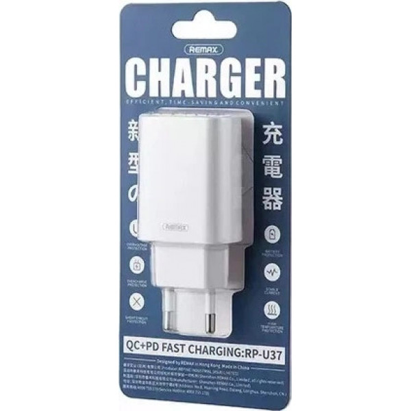 Мережевий зарядний пристрій з кабелем REMAX Jane Series QC3.0+PD 20W GaN Fast Charger set c-l RP-U37 EU-White (6954851244783)
