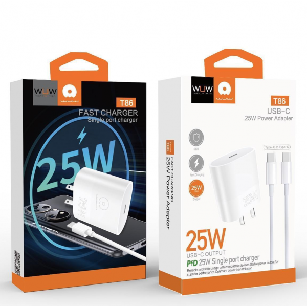 Мережевий зарядний пристрій з кабелем WUW-T86C PD 25W fast charger + USB C to USB C cable set (6972573338030)