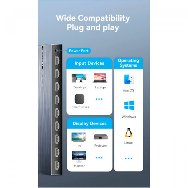 Сплітер Vention 4K 1x8 HDMI Splitter Чорний Aluminum Alloy Type EU Standard