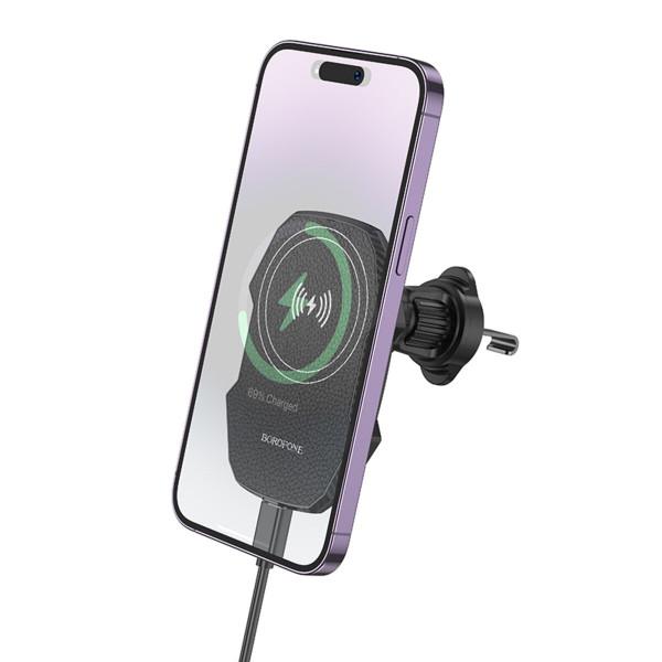 Тримач для мобiльного з БЗП BOROFONE BH215 Adelante magnetic wireless fast charging car holder(air outlet) Чорний