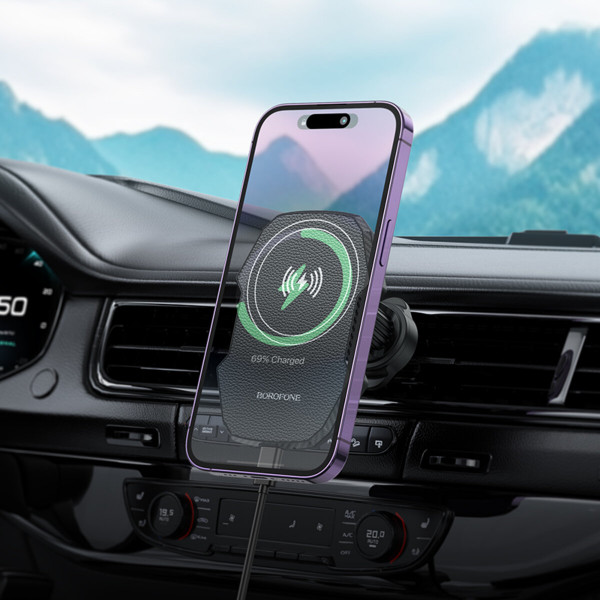 Тримач для мобiльного з БЗП BOROFONE BH215 Adelante magnetic wireless fast charging car holder(air outlet) Чорний