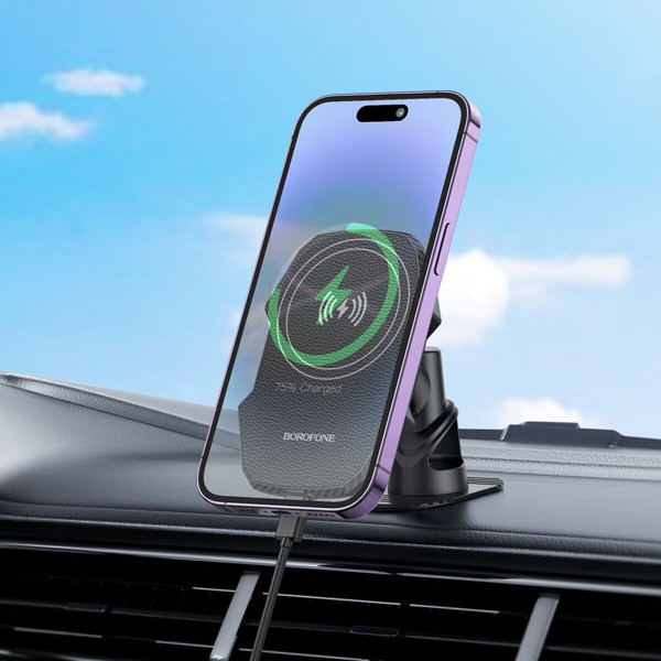 Тримач для мобiльного з БЗП BOROFONE BH216 Adelante magnetic wireless fast charging car holder(center console) Чорний