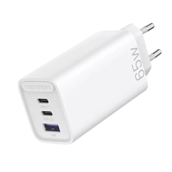 Зарядний пристрій Vention 3-port USB(C+C+A) GaN Charger(65W/30W/30W) EU-Plug Білий