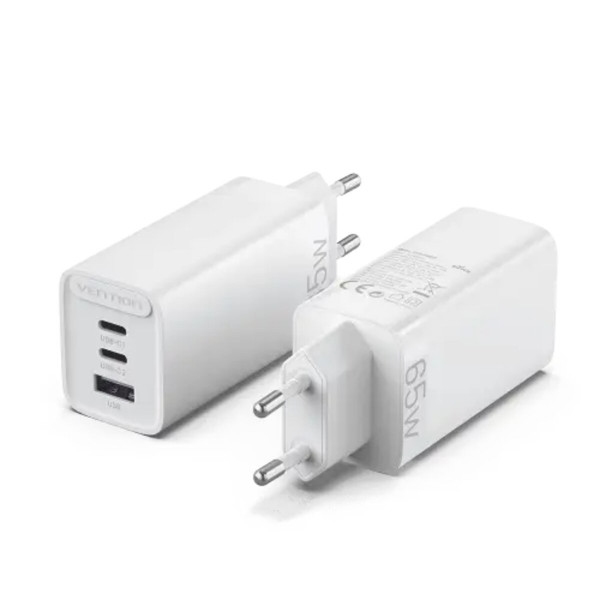 Зарядний пристрій Vention 3-port USB(C+C+A) GaN Charger(65W/30W/30W) EU-Plug Білий