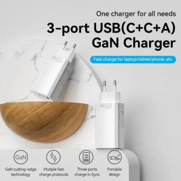 Зарядний пристрій Vention 3-port USB(C+C+A) GaN Charger(65W/30W/30W) EU-Plug Білий