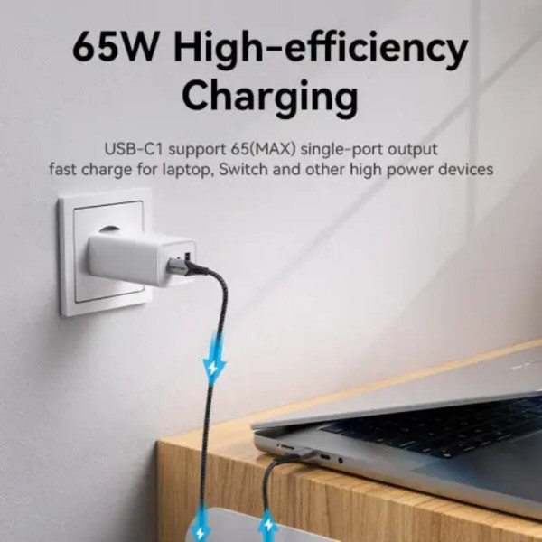Зарядний пристрій Vention 3-port USB(C+C+A) GaN Charger(65W/30W/30W) EU-Plug Білий