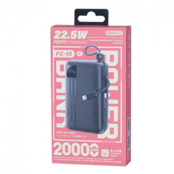 Зовнішній акумулятор REMAX 22.5W Dual cables fast charging power bank 20000mAh FC-15 Black (6954851254287)