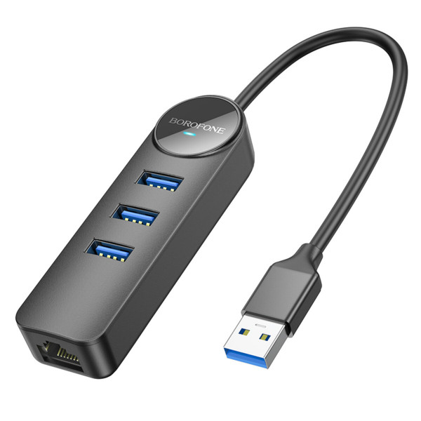 Адаптер Borofone DH6 Erudite 4-in-1 Gigabit Ethernet Adapter(USB to USB3.0*3+RJ45)(L=0.2M) Чорний