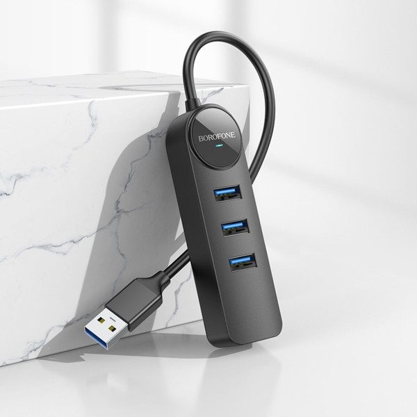Адаптер Borofone DH6 Erudite 4-in-1 Gigabit Ethernet Adapter(USB to USB3.0*3+RJ45)(L=0.2M) Чорний