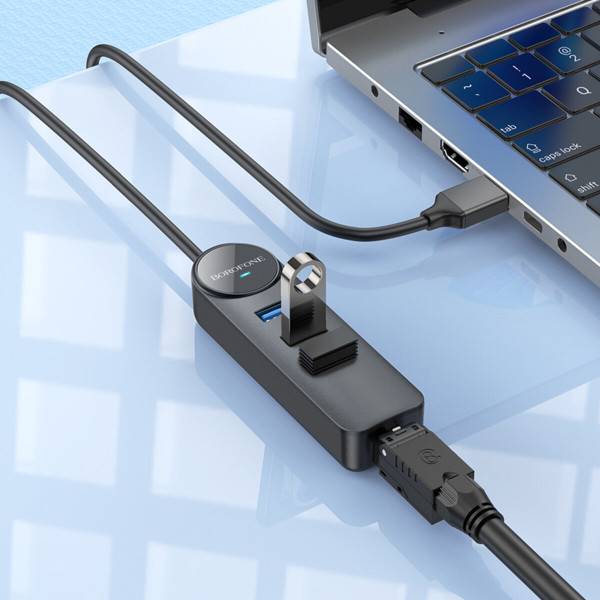Адаптер Borofone DH6 Erudite 4-in-1 Gigabit Ethernet Adapter(USB to USB3.0*3+RJ45)(L=0.2M) Чорний